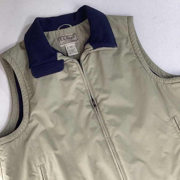 LL Bean‎ Vest Mens L Reg Khaki/Navy Fleece Lined Full Zip 0WY07 Zippered Pockets - Picture 1 of 7
